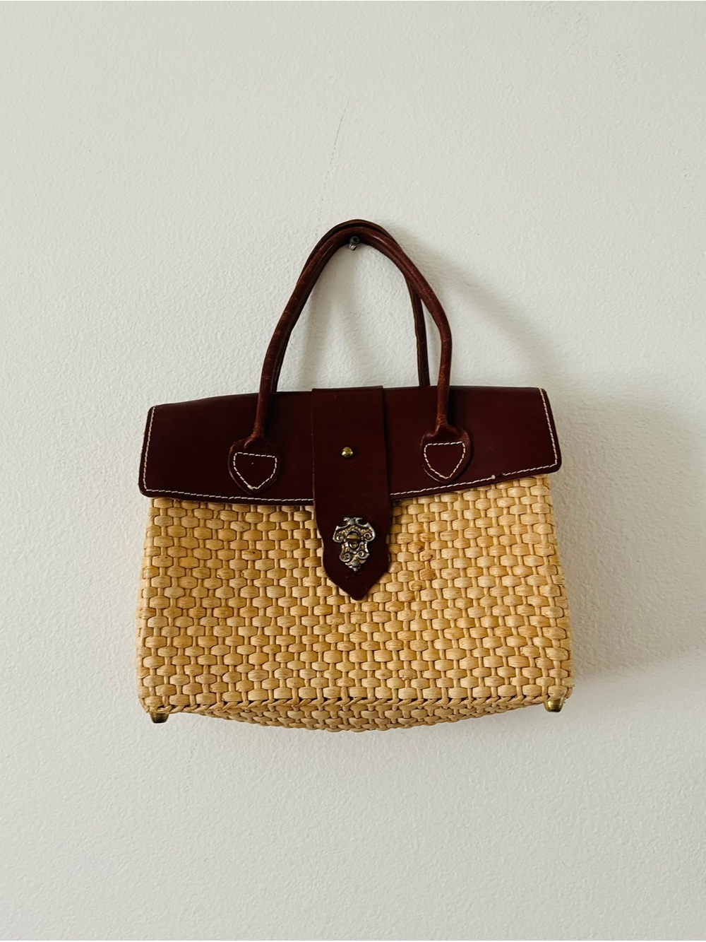 Brown Leather & Natural Woven Tote Handbag 10/13 Inches